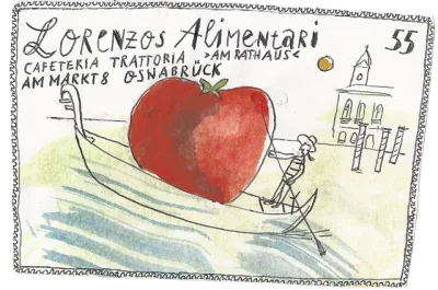 Gezeichnete Briefmarke: eine Gondel trägt ein rotes Tomatenherz